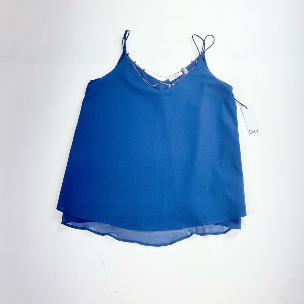 Dex blue dressy tank with gold chain detail M